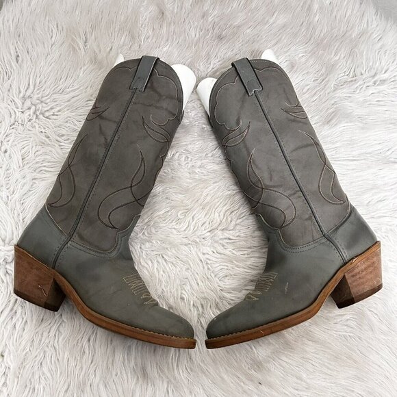 ACME Made in USA Gray Leather Western Cowboy Work Tall Rider Boots Men's 6.5 D - Picture 7 of 9